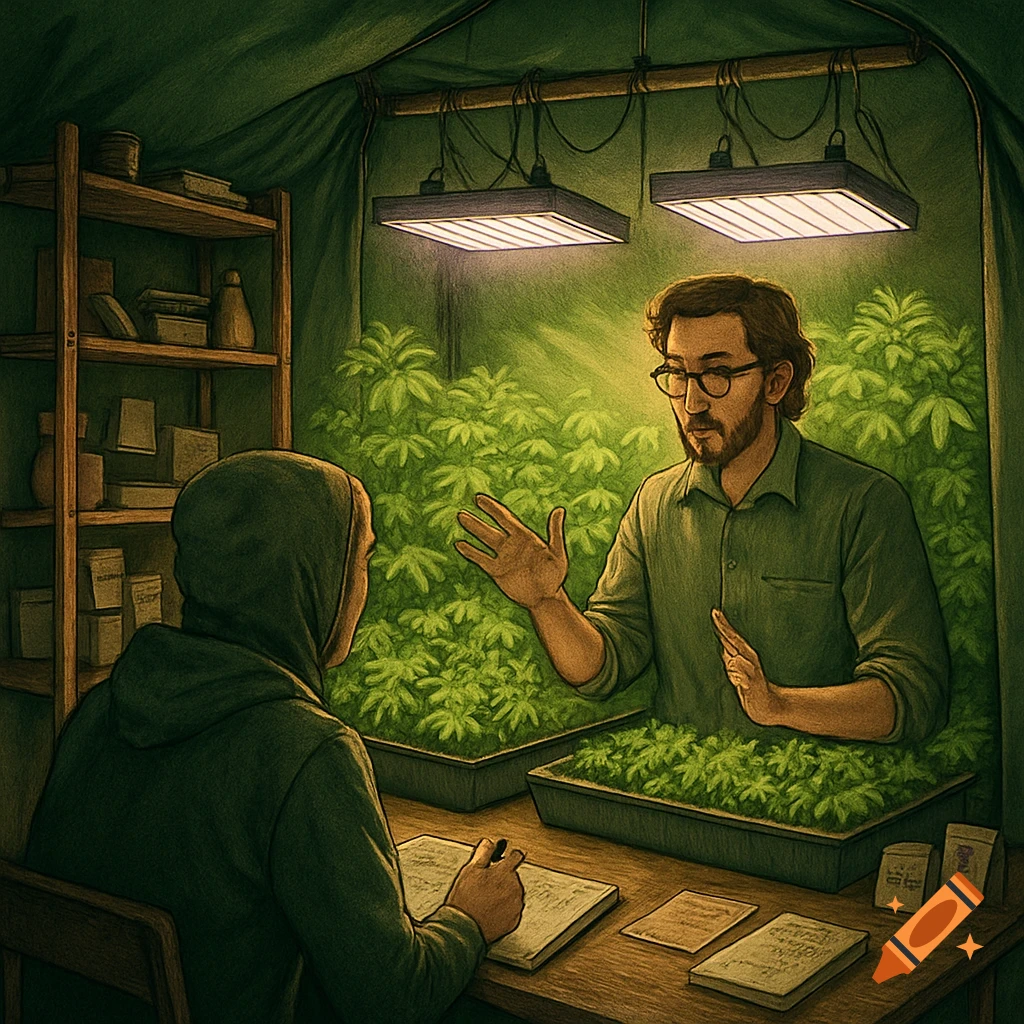 Two men in a green growing tent, lit by LED grow lights. One man, wearing glasses, gestures while standing behind trays of young plants. Another man in a hoodie takes notes at a desk.