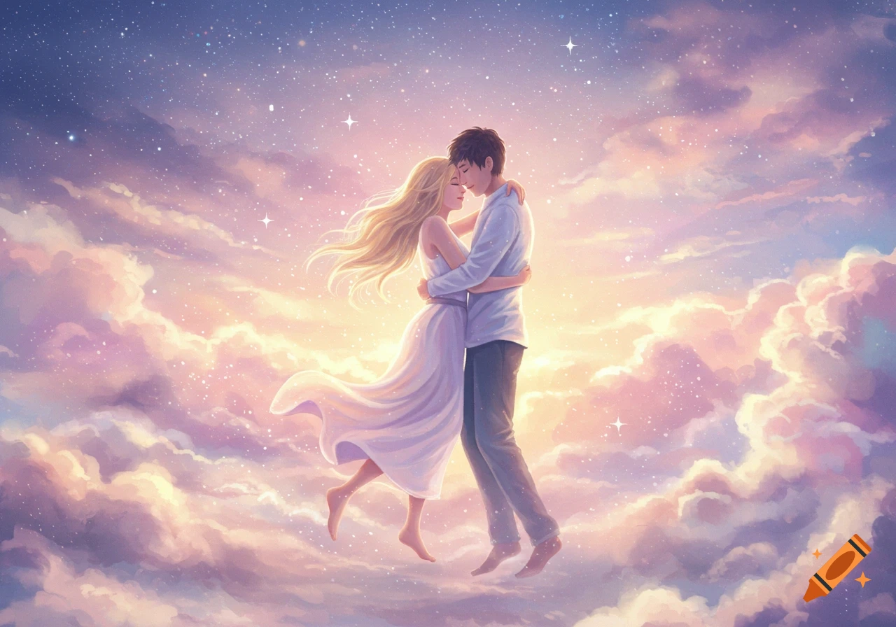 A couple hugs while floating among pastel clouds and sparkling stars in a dreamy illustrated sky.