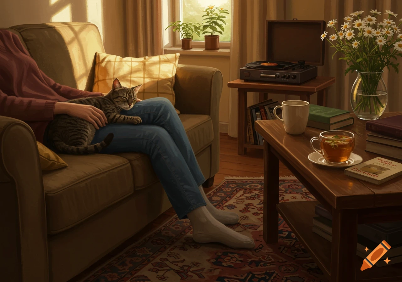 A tabby cat sleeps on a person's lap on a couch in a cozy, sunlit living room with tea, books, and a record player.