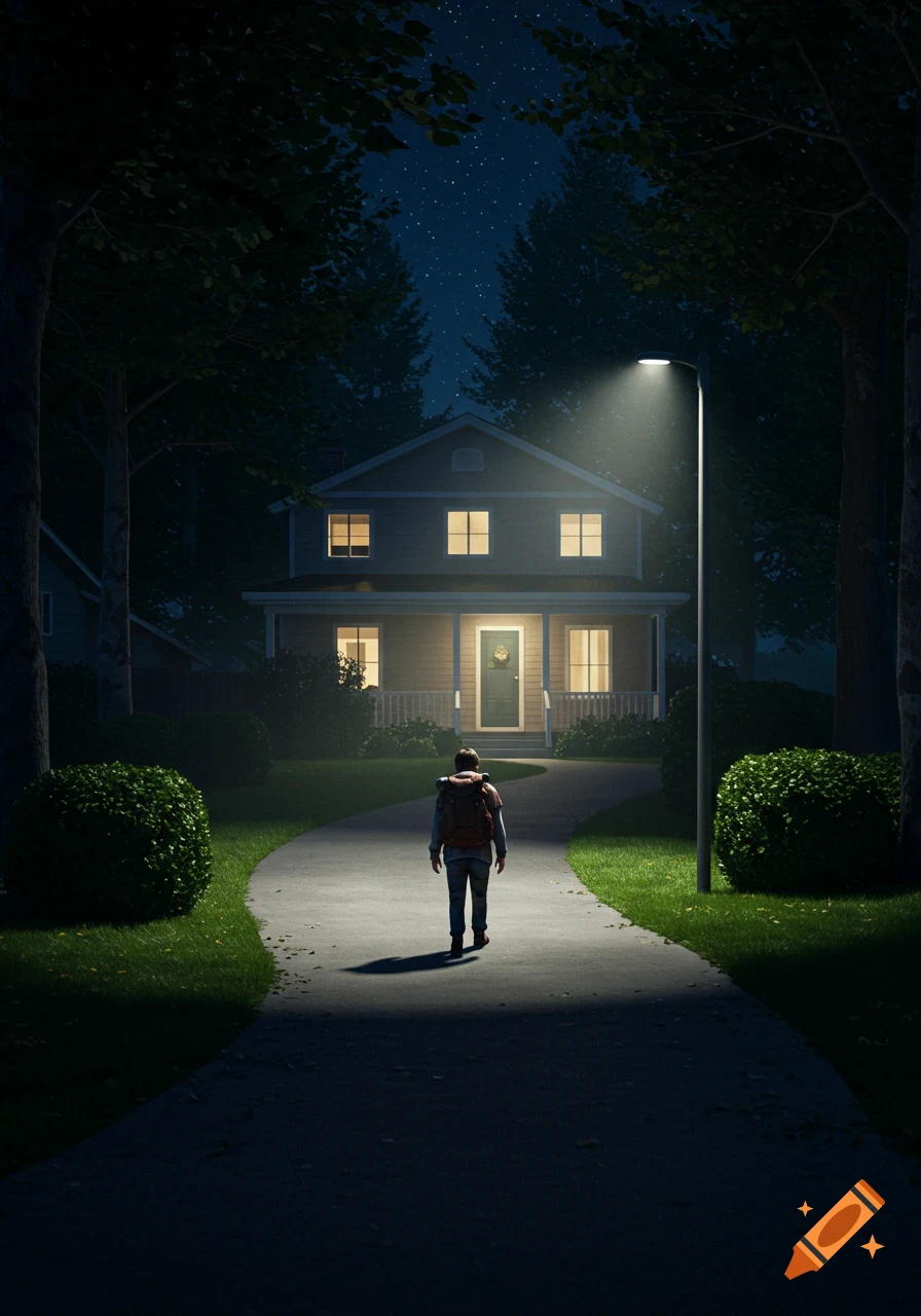 A person with a backpack walks on a driveway toward a lit house at night, under a streetlight in a suburban setting.