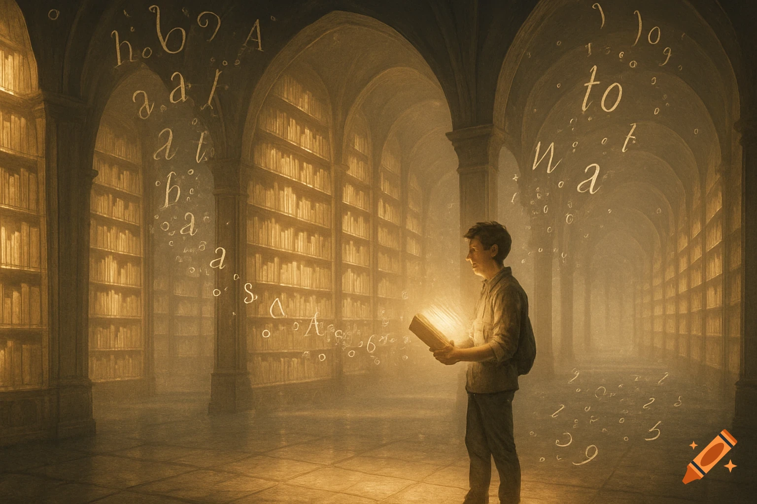 A young boy stands in a vast, vaulted library, holding a glowing book. Ethereal letters float around him in the dusty light.