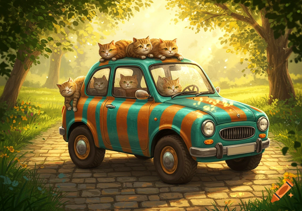 A cartoonish green and orange striped car on a cobblestone path, surrounded by many cheerful ginger cats, with a bright, sunny forest background.