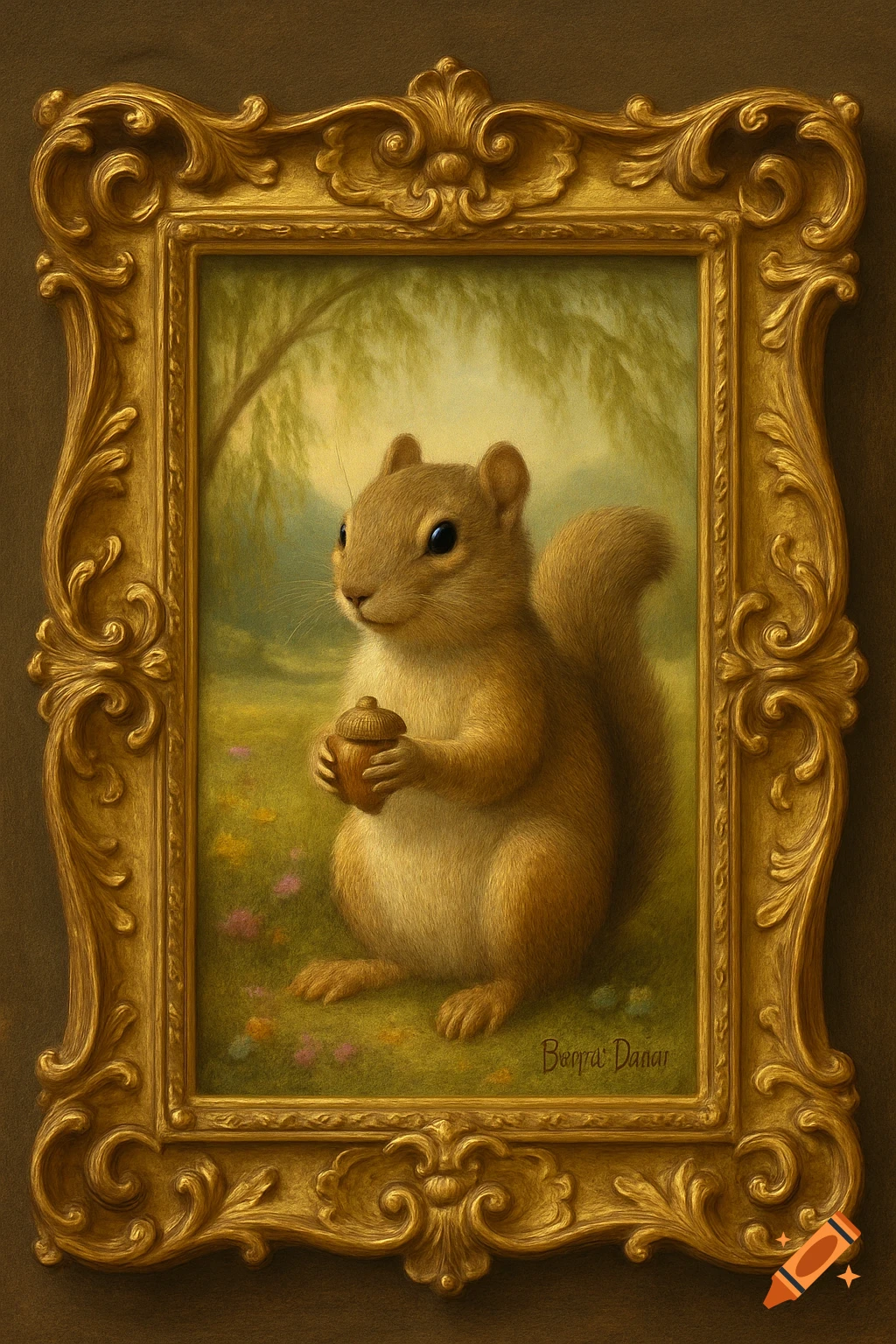 A charming painting of a ground squirrel holding an acorn, set in a lush field and framed by ornate gold.