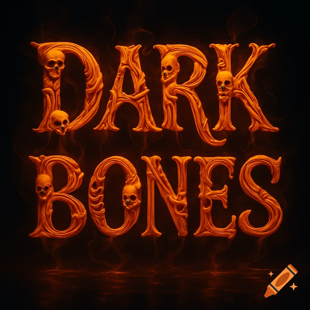 The words 'DARK BONES' in glowing orange 3D typography made of skeletons and skulls on a dark, smoky background.