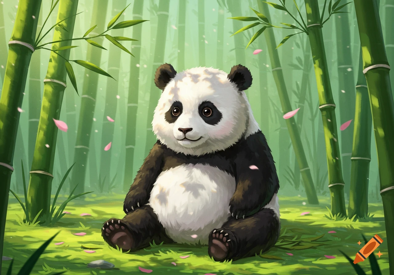 A cute little panda sits on green grass in a vibrant bamboo forest with pink petals falling.