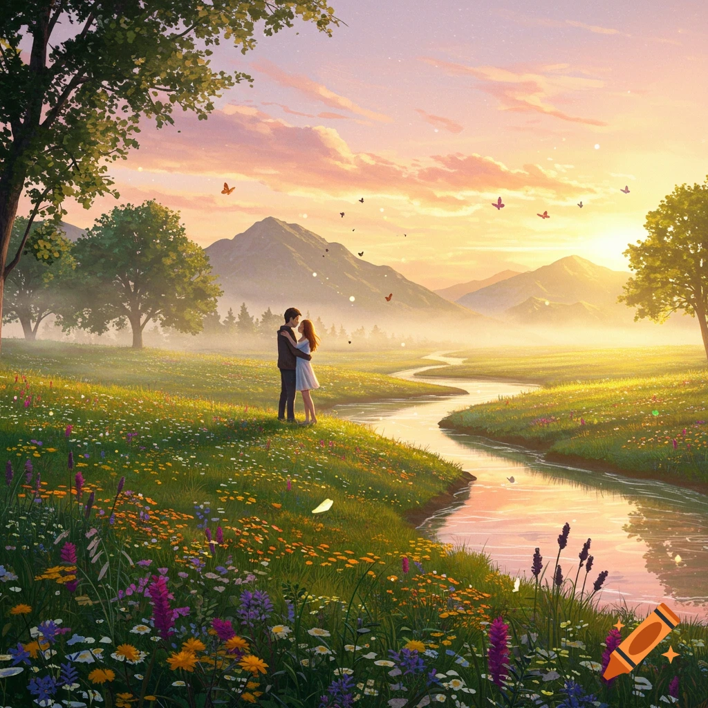 A couple embraces in a vibrant, flowery meadow by a winding river, under a majestic sunset sky with mountains and butterflies.
