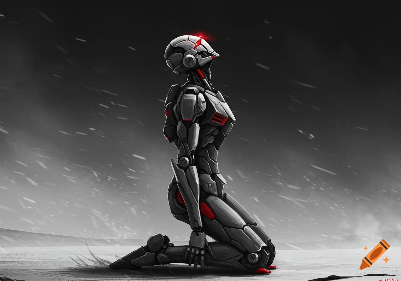 A black and white robot with red highlights kneels in a snowy landscape, in the distinctive Yoji Shinkawa style.