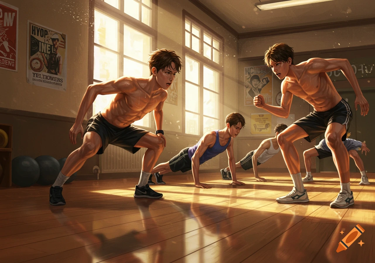 Illustrative image of young men in a gym, two in squat positions and others doing push-ups in sunlit room.