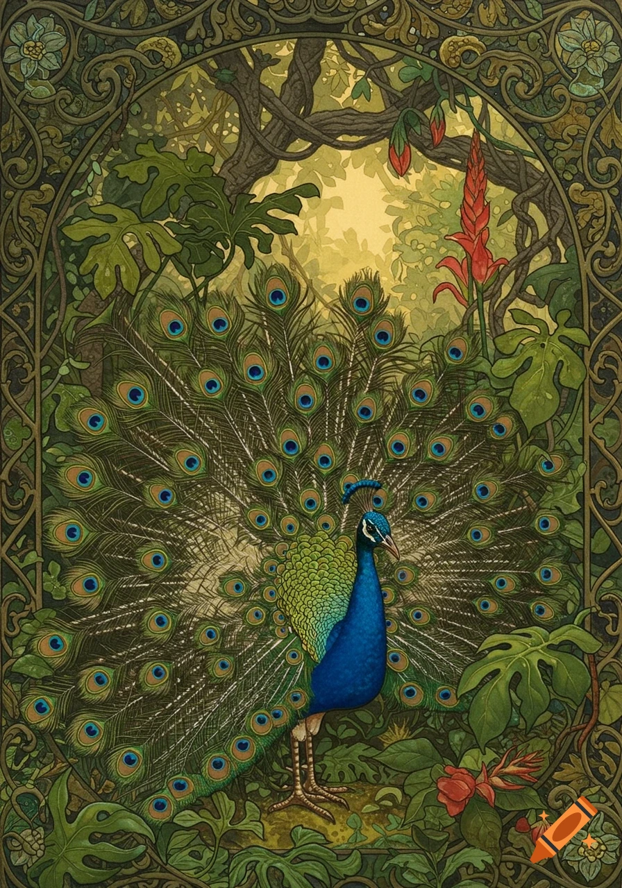Art Nouveau painting of a vibrant peacock with its tail fanned in a lush tropical forest.