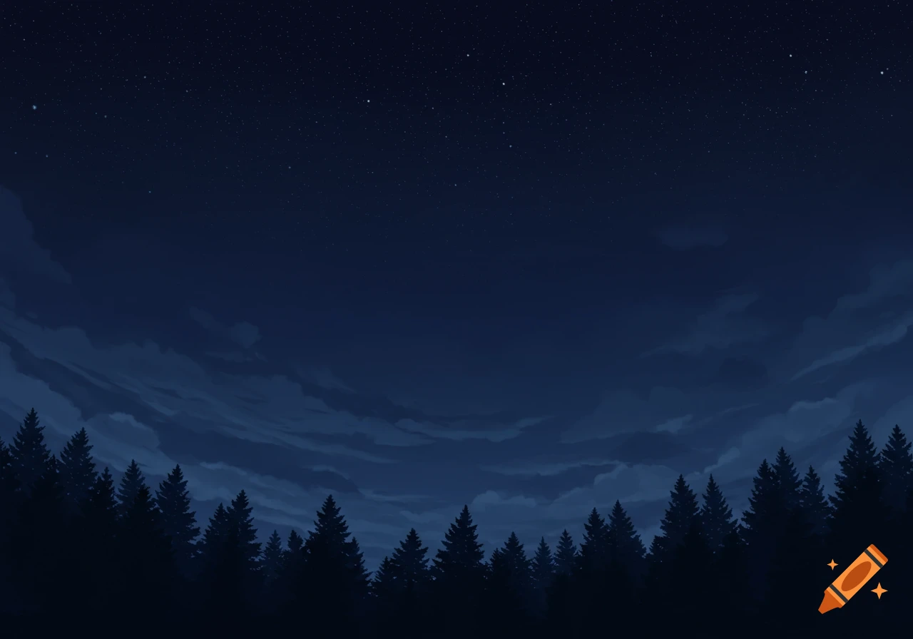 Illustration of a dark night sky with faint stars and clouds above a silhouette of pine trees.