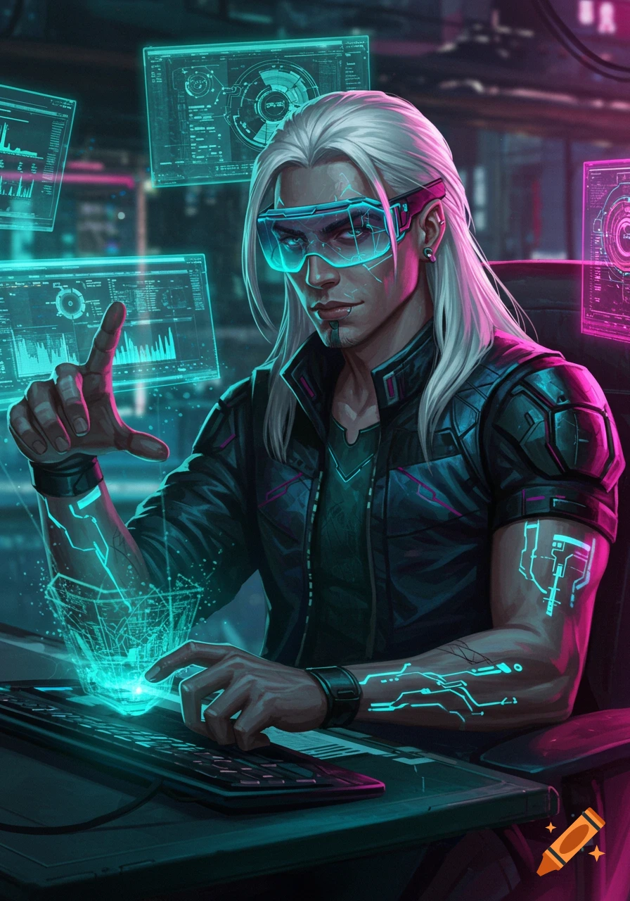 A cyberpunk male hacker with white hair and glowing tech goggles interacts with holographic screens in a dark, futuristic setting.