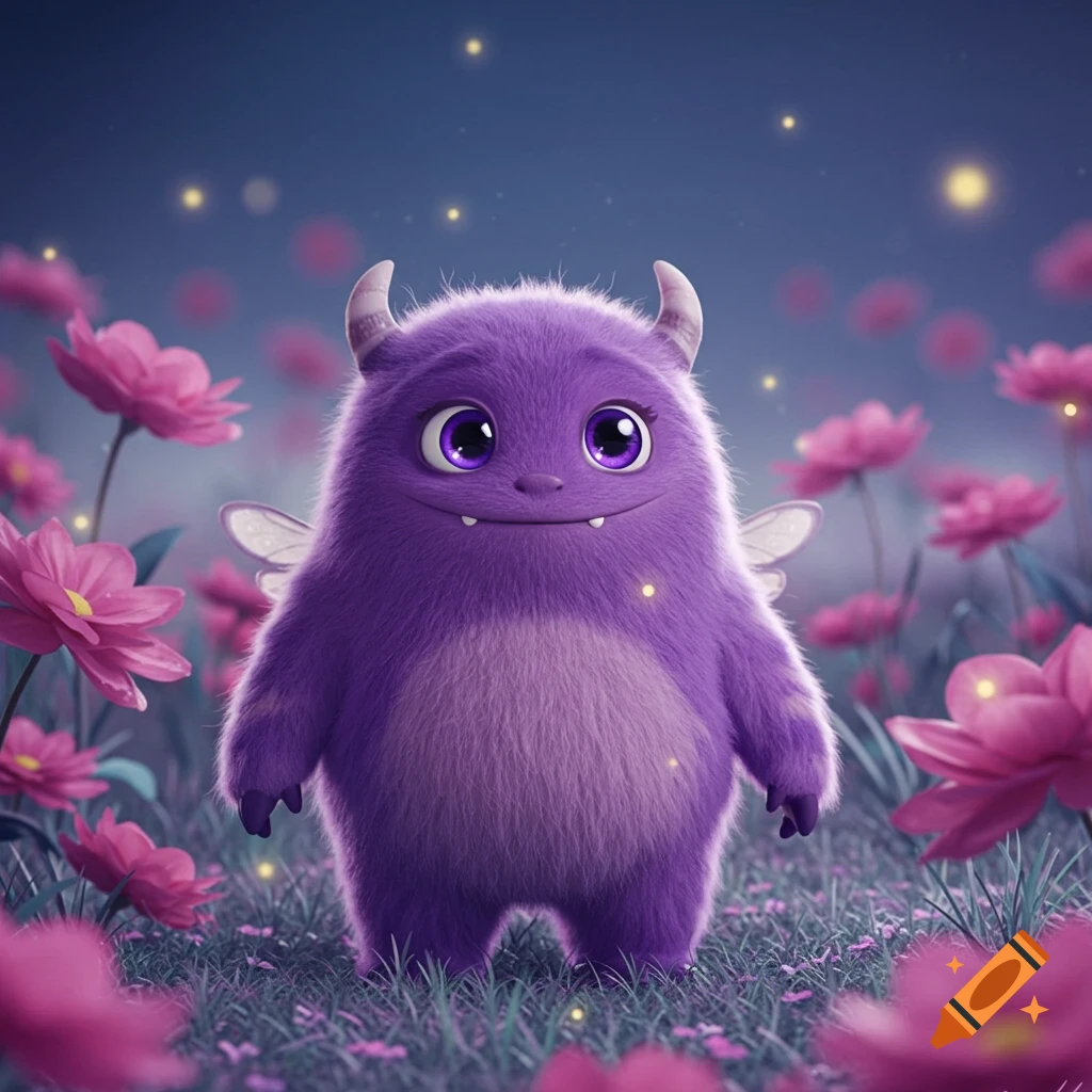 A cute fluffy purple monster with horns and small wings stands in a field of pink flowers with glowing lights.