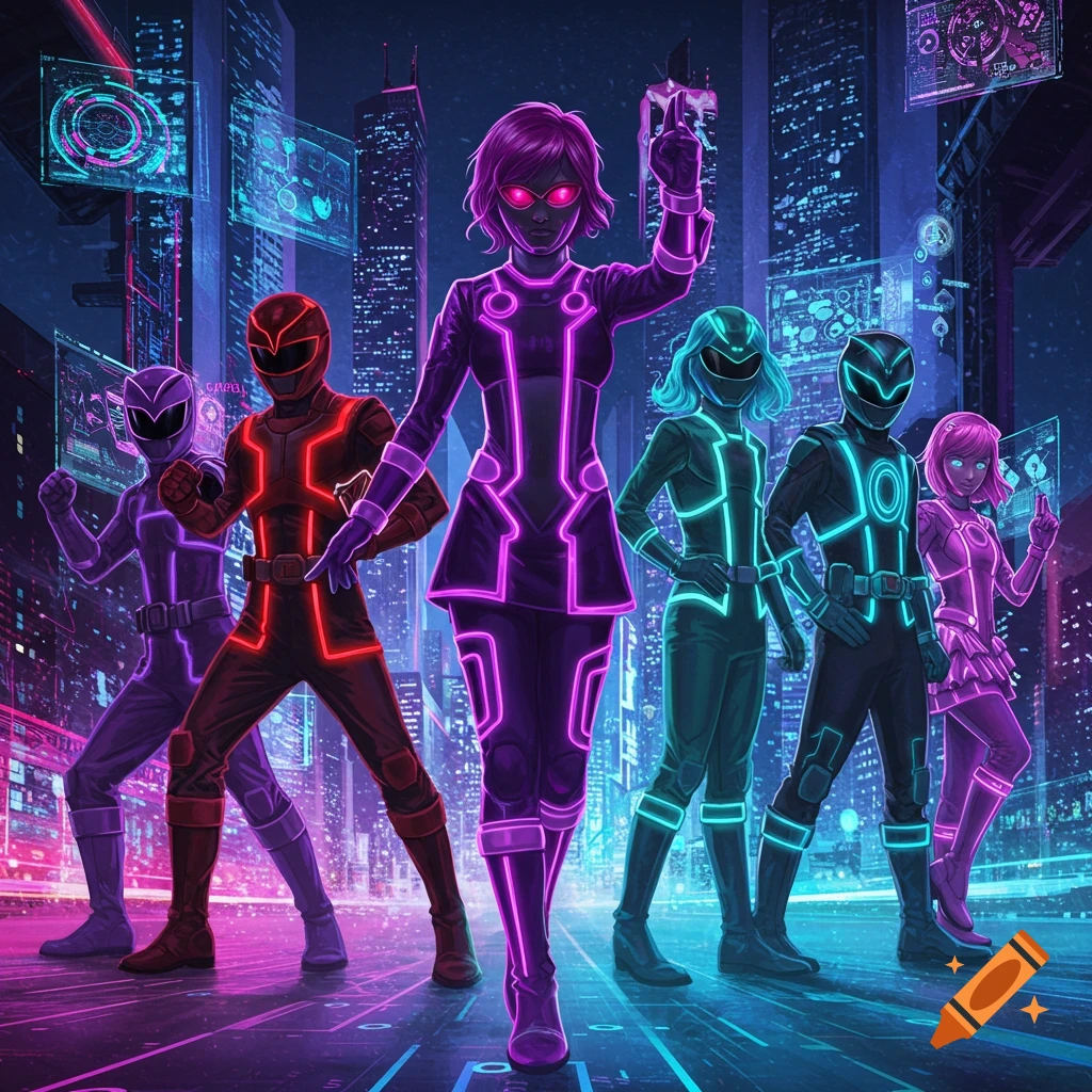 A group of six diverse superheroes in neon-lined Tron-style suits pose in a futuristic cyberpunk city at night.