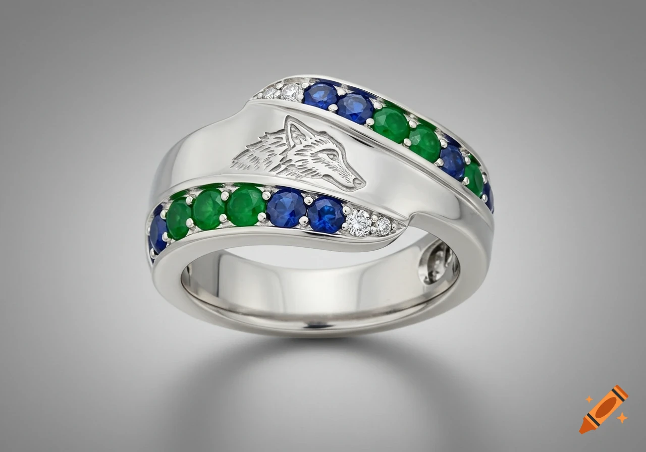 Photorealistic white gold ring with an engraved wolf head, channel-set blue sapphires and green jade, and diamond accents.
