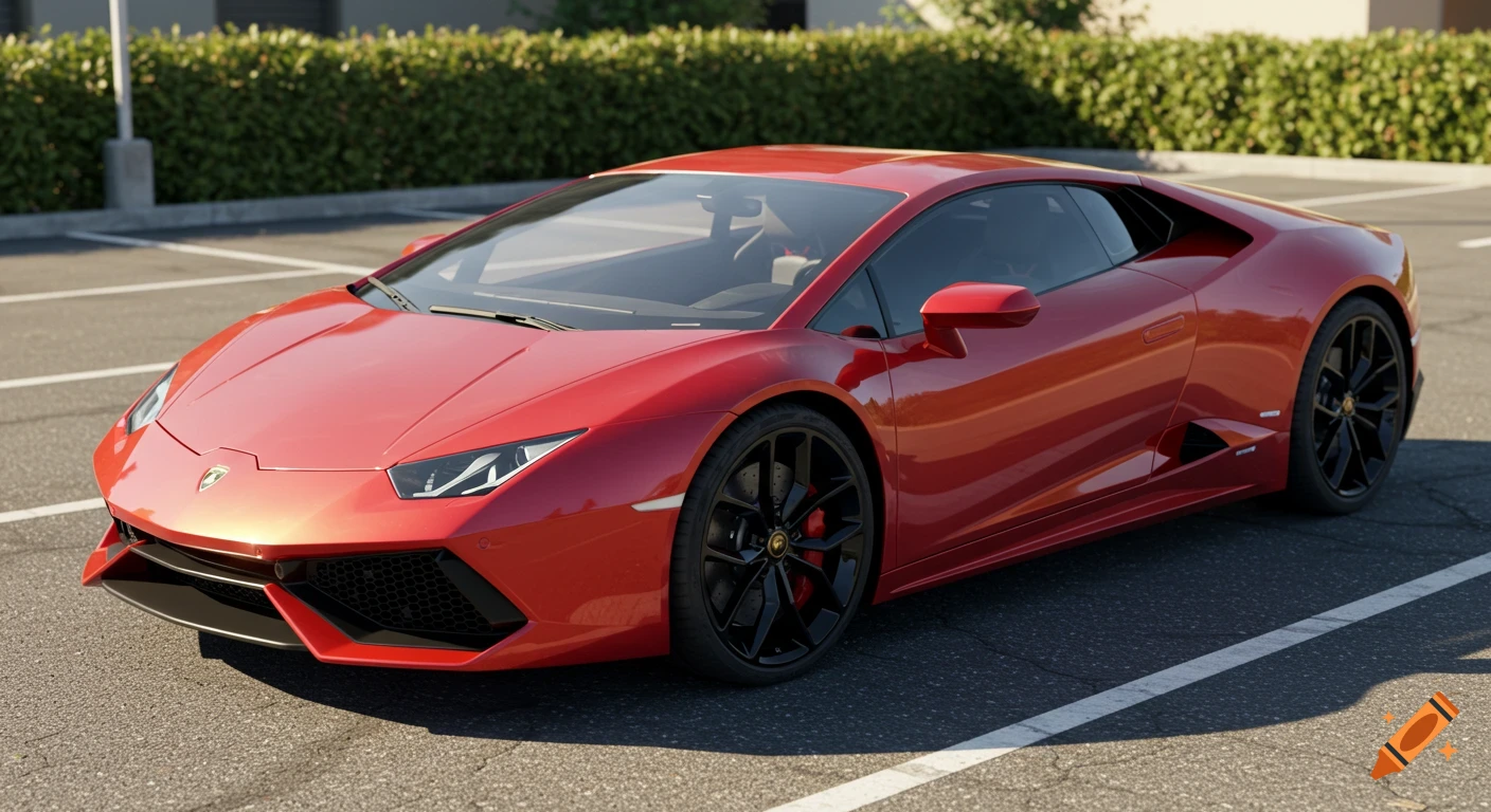 A vibrant red Lamborghini sports car is parked in a realistic asphalt parking lot under a clear sky.