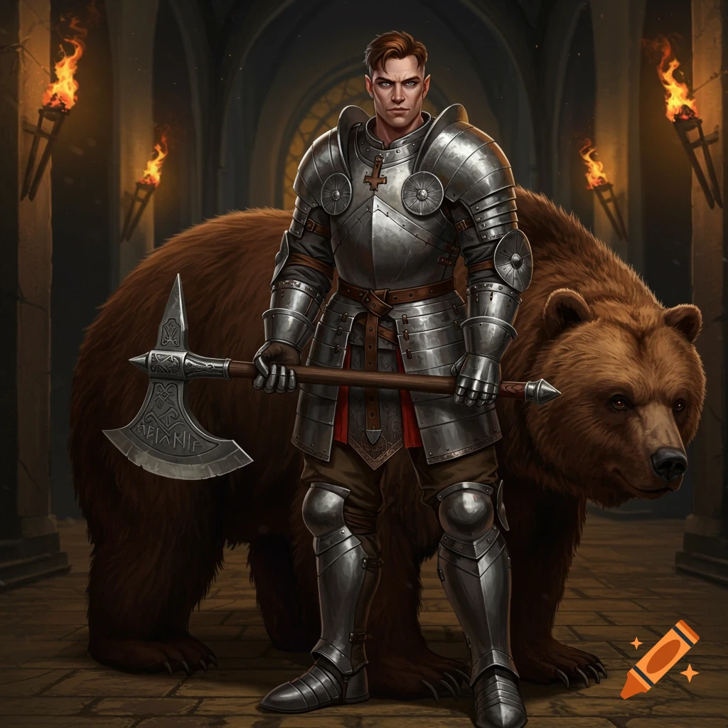 A knight in shining plate armor holds a battle axe, standing next to a large brown bear in a torch-lit dungeon.