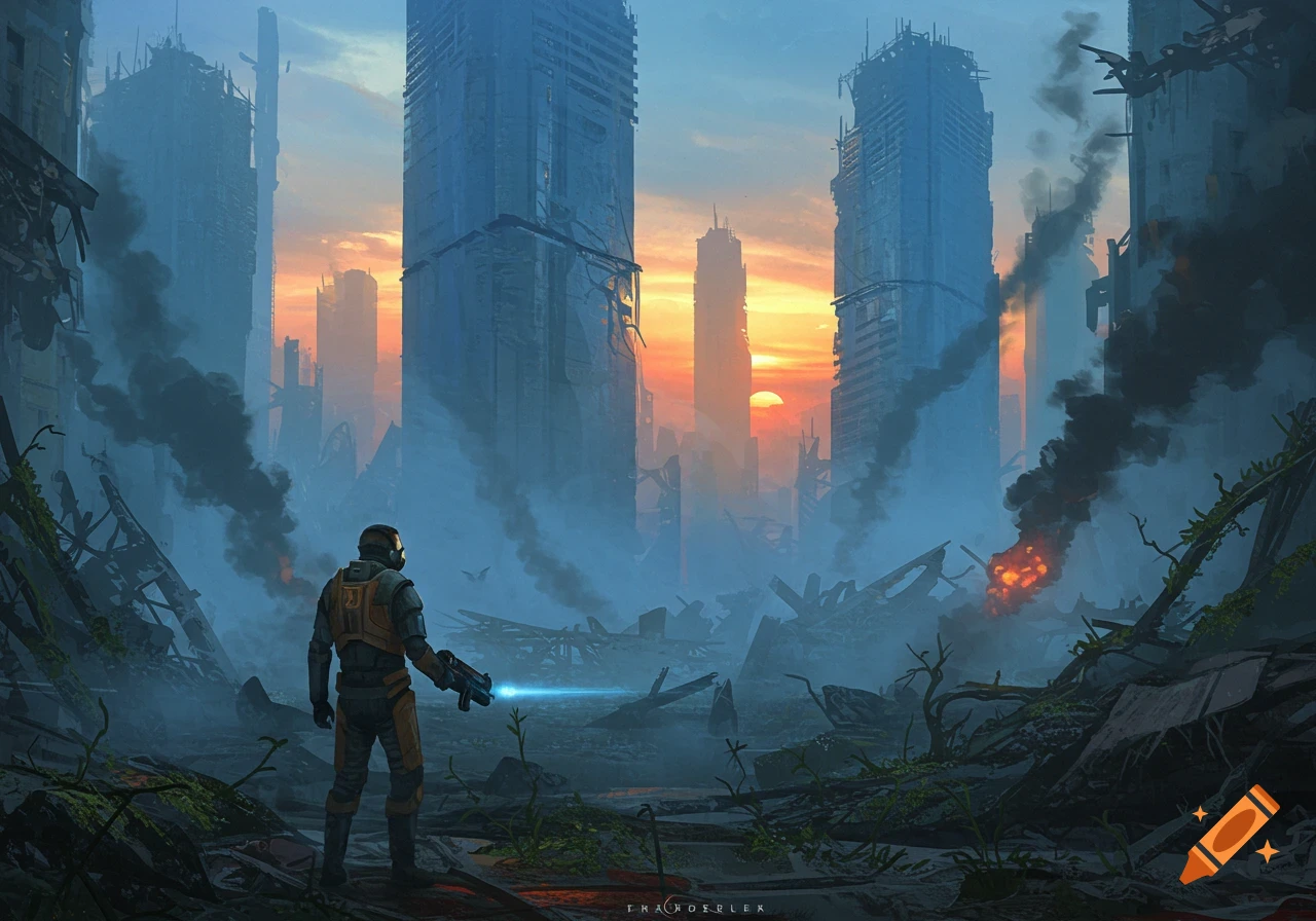 A lone figure in a sci-fi suit holds a glowing weapon, looking out over a ruined, foggy futuristic city at sunset, in a concept art style.