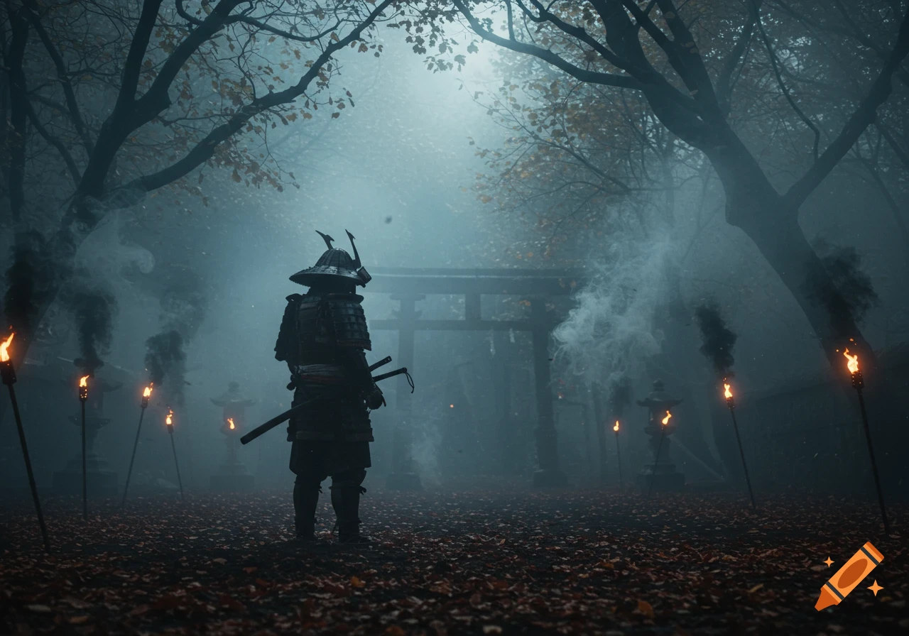 A lone samurai stands in a haunting, foggy forest, lit by torches, with a torii gate in the background.