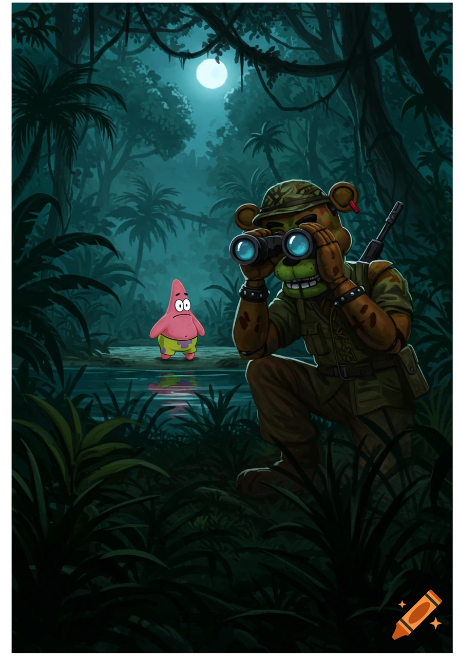 Cartoon Freddy Fazbear in military uniform scopes out Patrick Star in a dark, moonlit jungle.