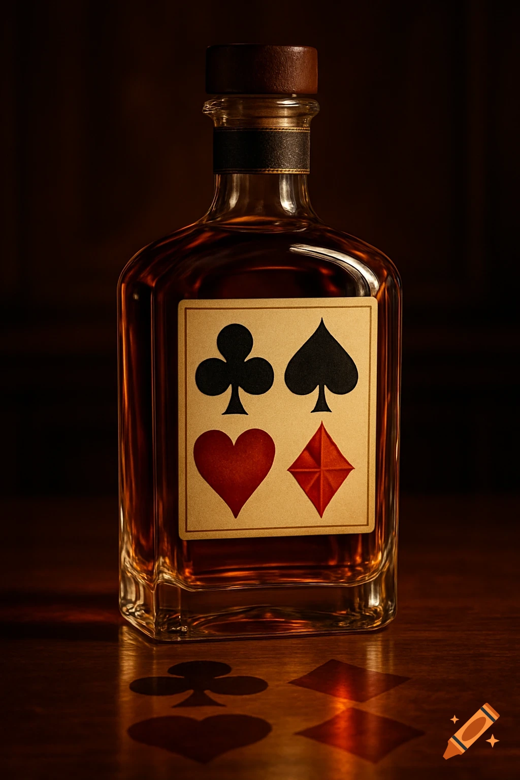 A photorealistic image of a whisky bottle with a label showing club, spade, heart, and diamond playing card symbols.