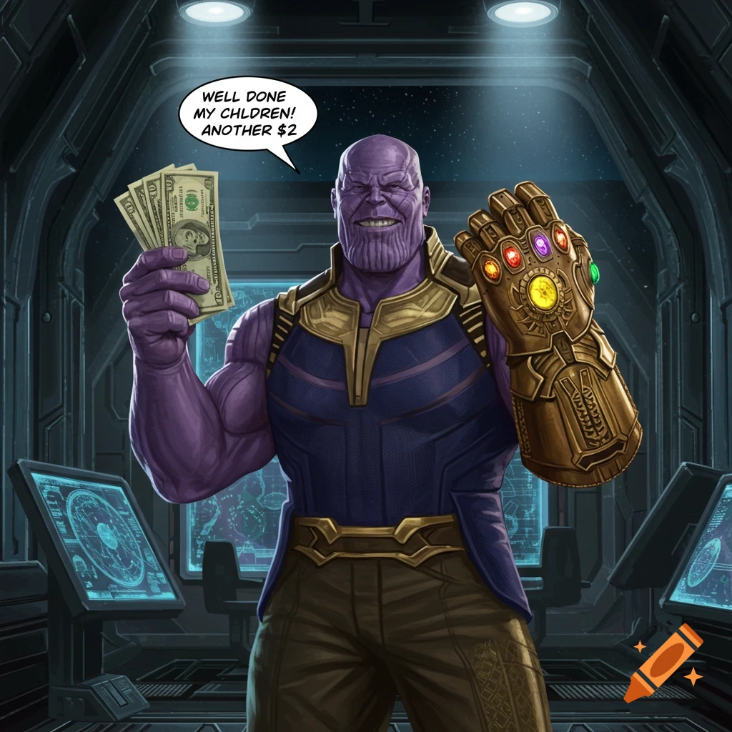 Thanos grins, holding money and the Infinity Gauntlet, in a sci-fi ship. A speech bubble reads, "WELL DONE MY CHILDREN! ANOTHER $2"