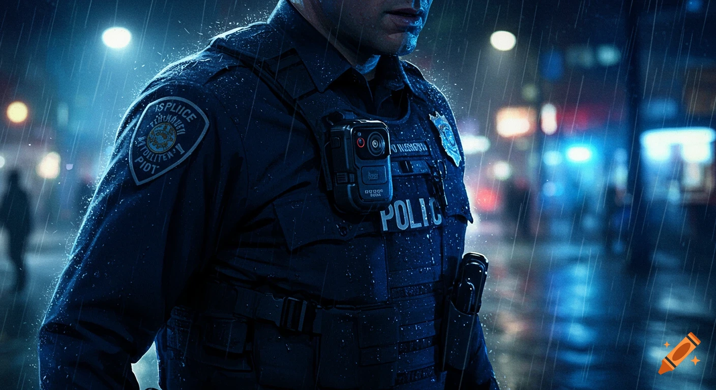 A close-up of a police officer wearing a uniform with a body camera in the rain at night, illuminated by blue light.