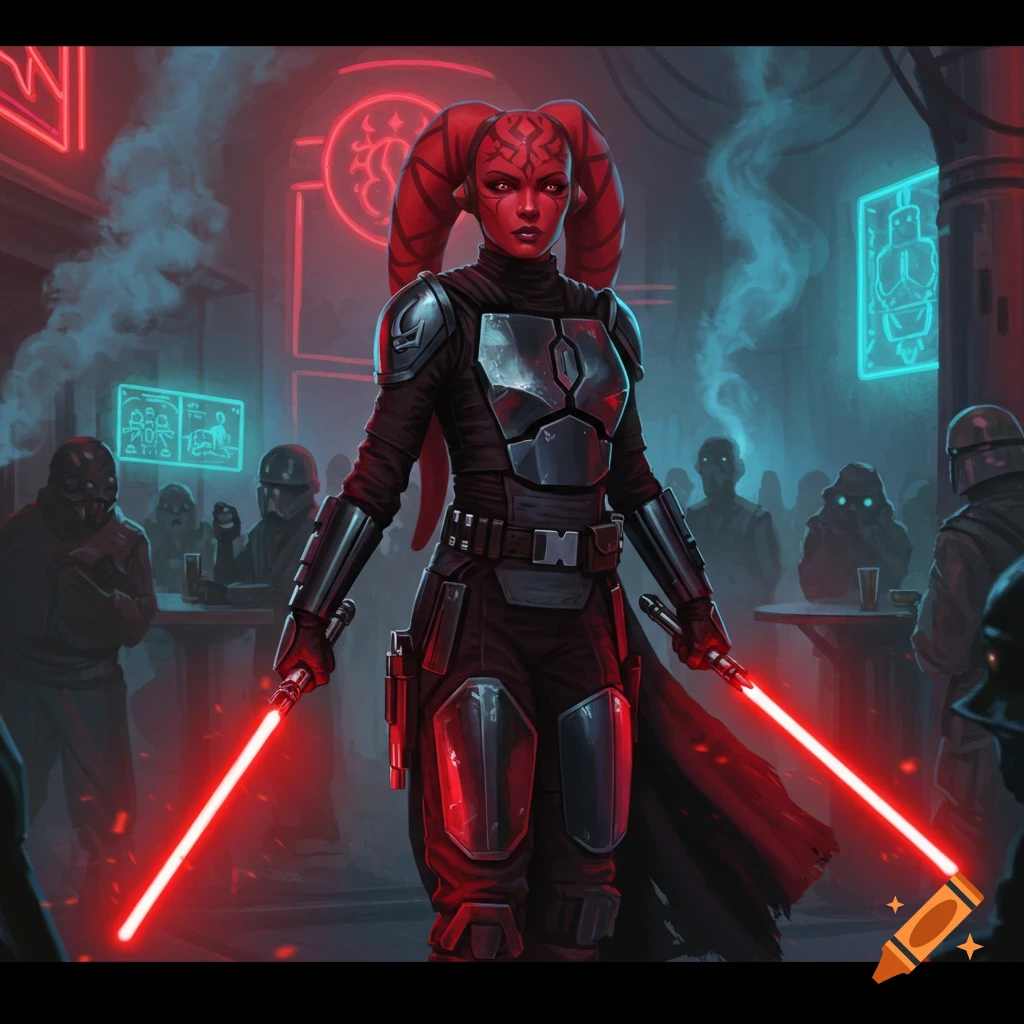 A red-skinned Twi'lek woman in dark armor stands holding two red lightsabers in a futuristic, neon-lit cantina.