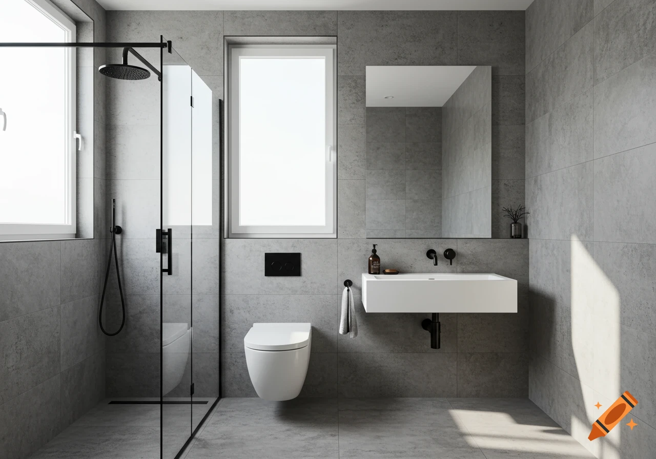 A modern, minimalist bathroom with gray tiles, a wall-mounted toilet, a floating sink, and a glass shower with black fixtures.
