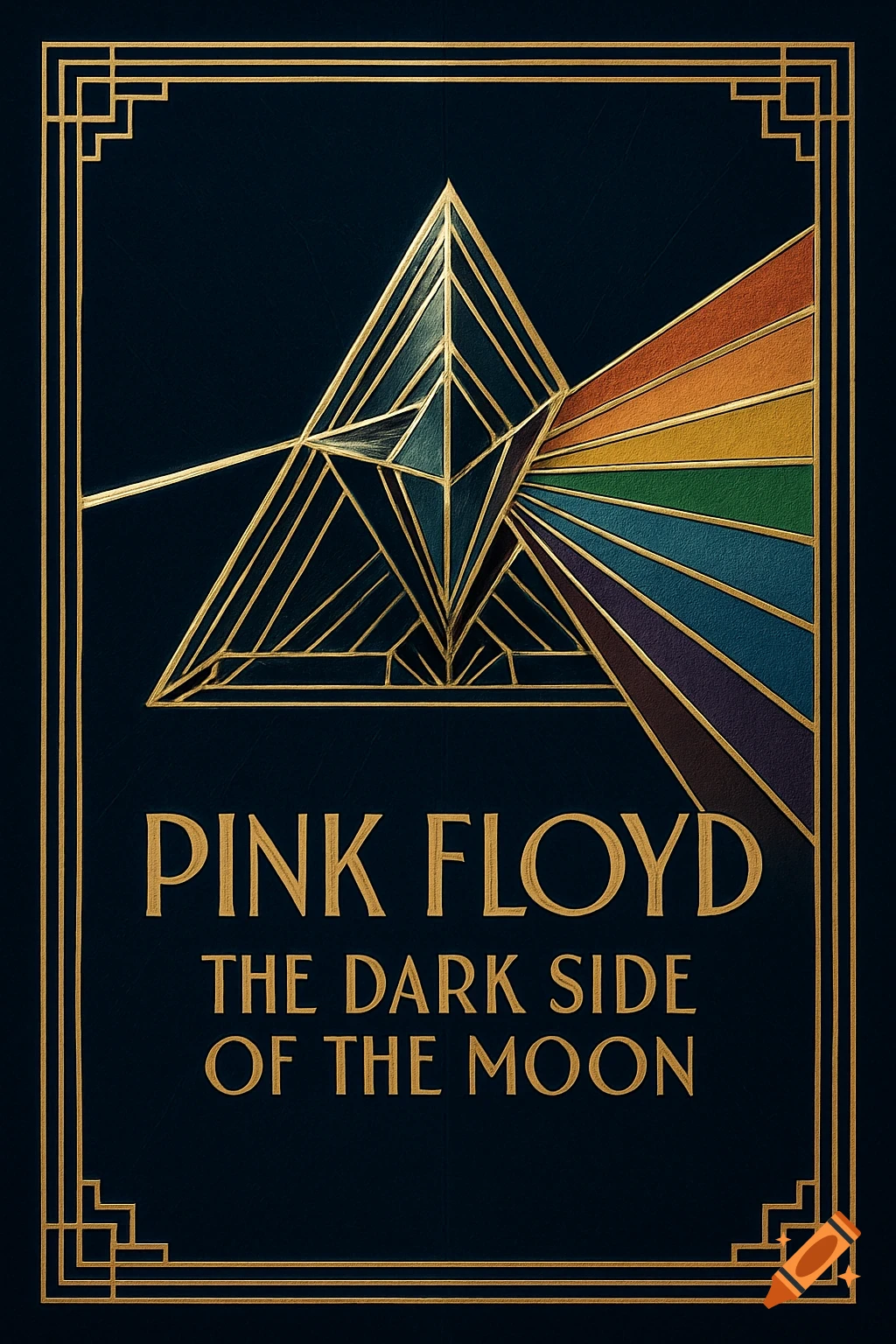 Art Deco style Pink Floyd Dark Side of the Moon album cover with a golden prism and rainbow light spectrum on a dark background.