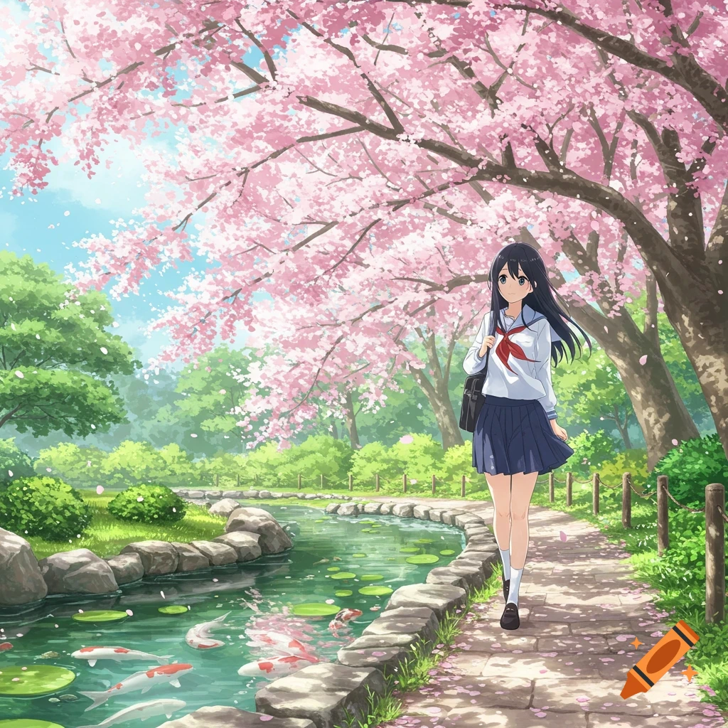 An anime Japanese schoolgirl walks on a stone path in a cherry blossom park next to a koi pond.
