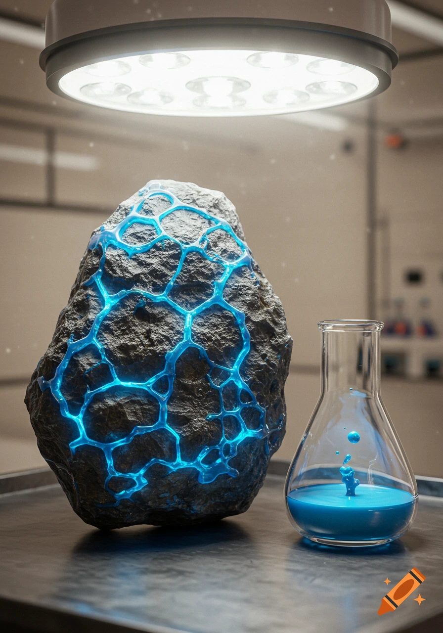 A photorealistic image of a dark rock with bright blue glowing veins next to a flask with blue liquid, under a lab light.