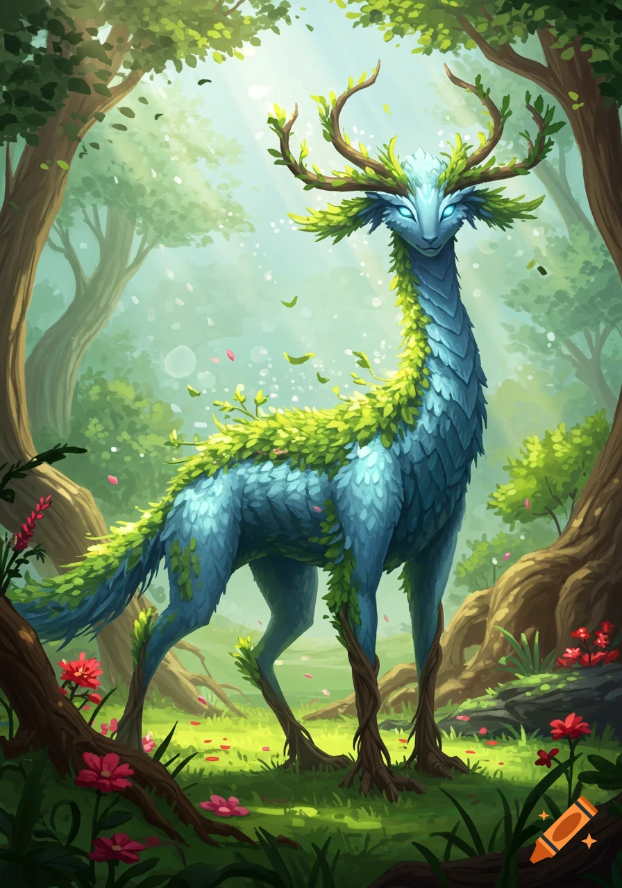 A stylized illustration of a blue and green plant-like fantasy creature with branch antlers and glowing eyes, standing in a vibrant, sunlit forest.