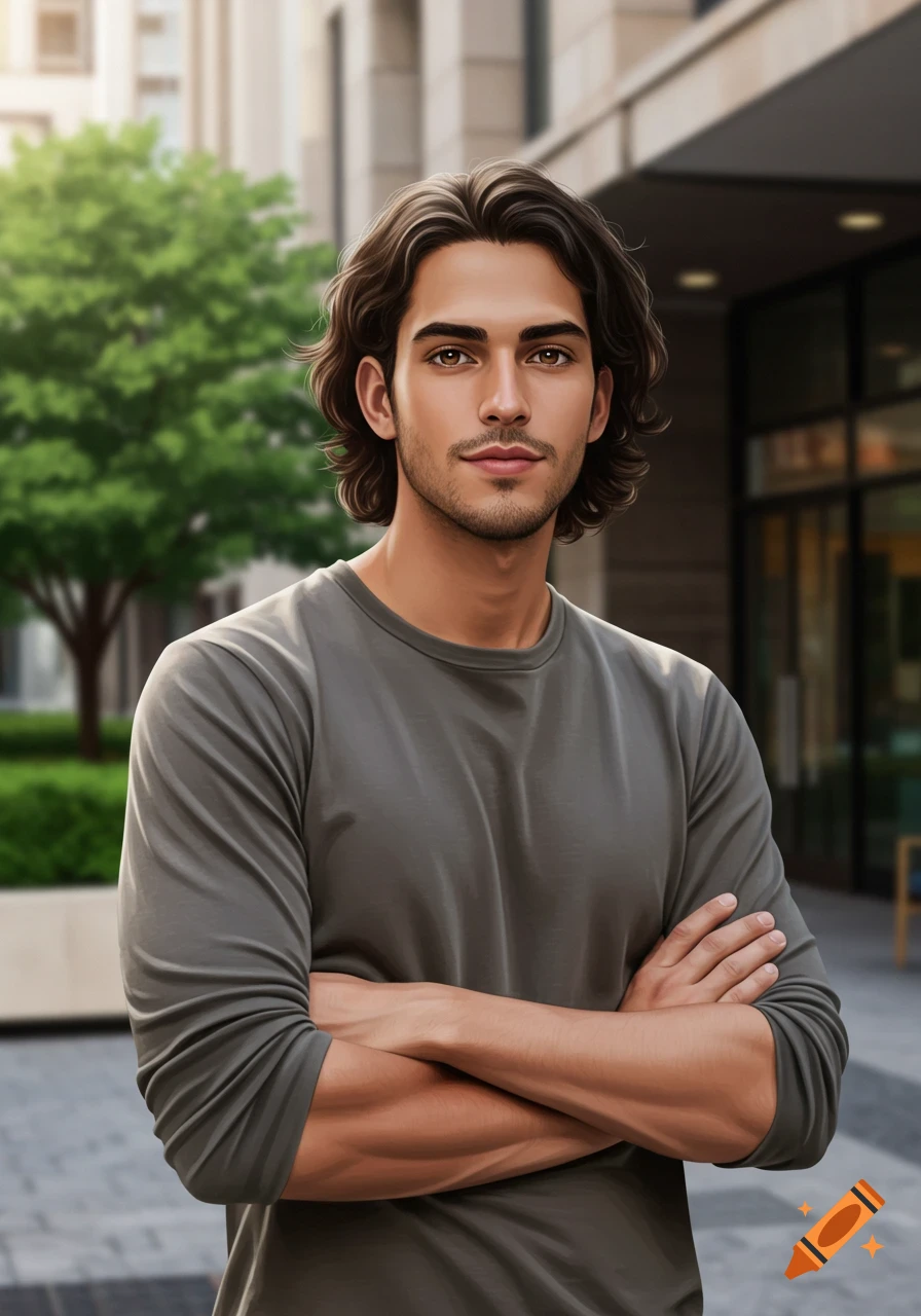 Handsome young man with dark wavy hair and slight beard, wearing a grey shirt, arms crossed, in a photorealistic style urban setting.