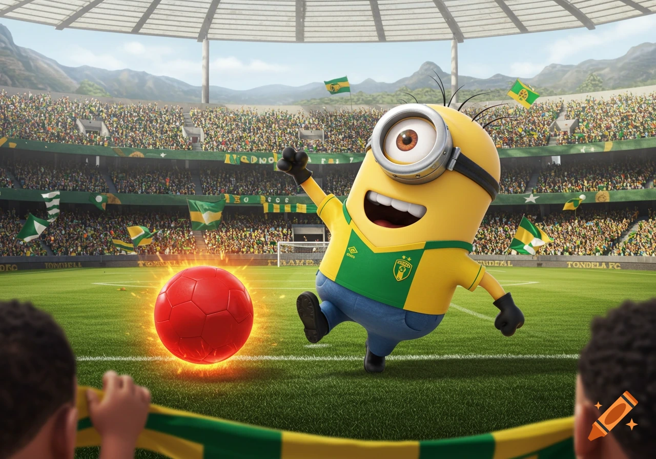 A Minion wearing a yellow and green soccer jersey kicks a glowing red soccer ball on a stadium field. Spectators fill the stands.