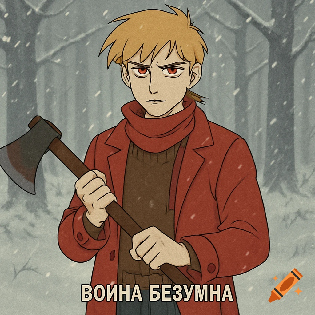 A stern, red-eyed man with orange hair, red coat, and scarf holds an axe in a snowy forest, 1990s animation style. Russian text 'ВОИНА БЕЗУМНА' is at the bottom.