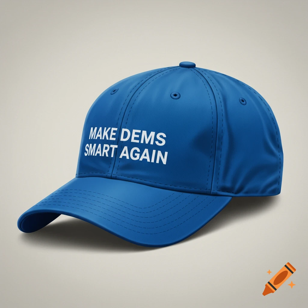 A photorealistic blue baseball cap with white text that reads 'MAKE DEMS SMART AGAIN'.