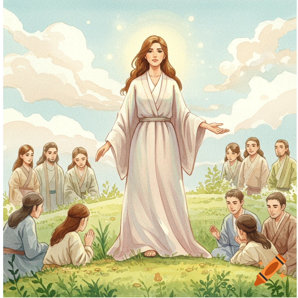 A watercolor painting shows a woman in white robes with outstretched arms, surrounded by a group of people sitting in green grass under a soft sky.