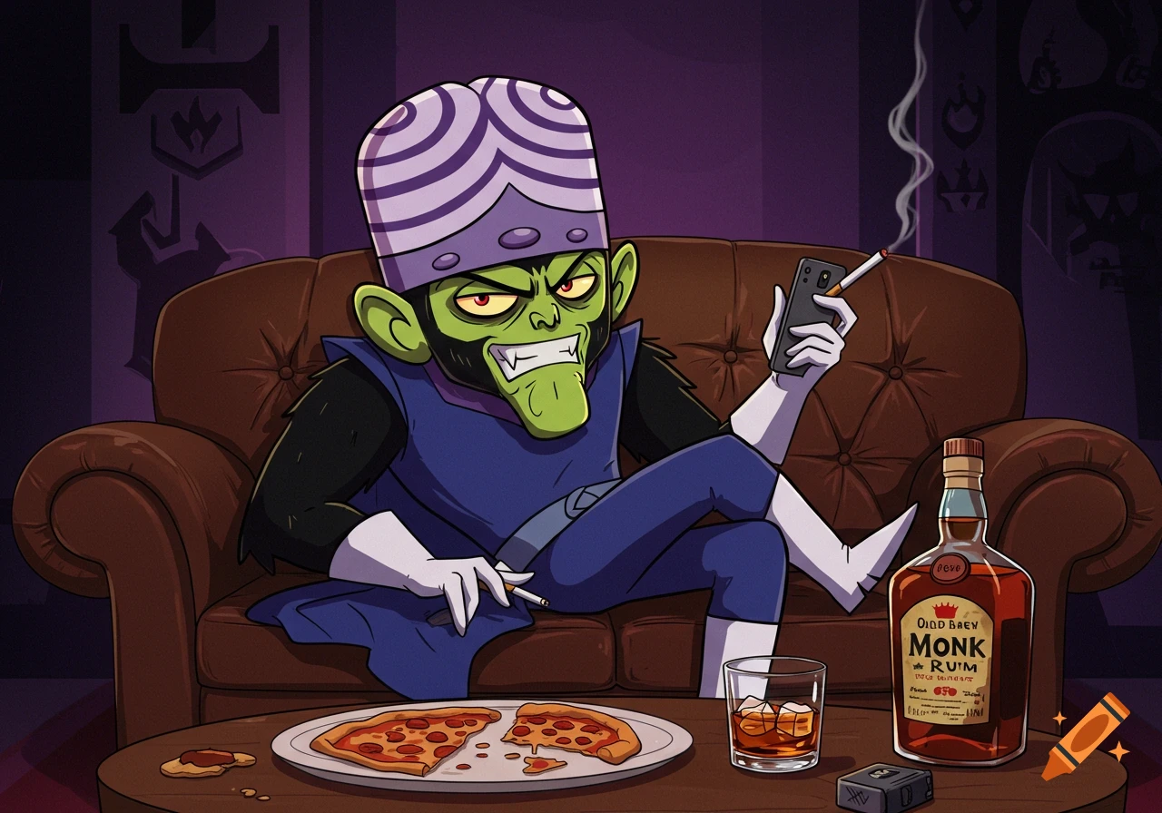Mojo Jojo, a green monkey-like cartoon villain, sits on a brown leather couch, smoking, holding a phone, with pizza and rum on a table.