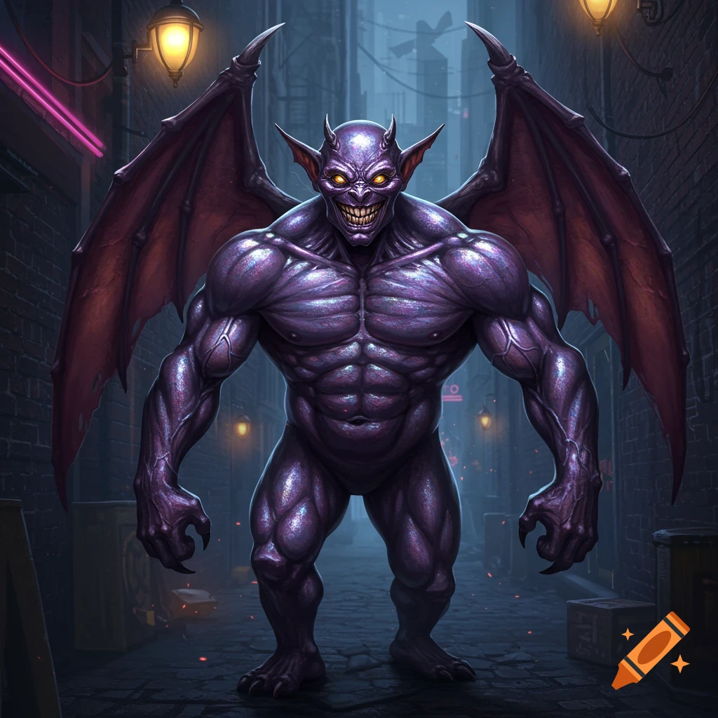 A muscular purple gargoyle-like creature with large wings, horns, glowing yellow eyes, and sharp teeth stands menacingly in a dark urban alleyway.