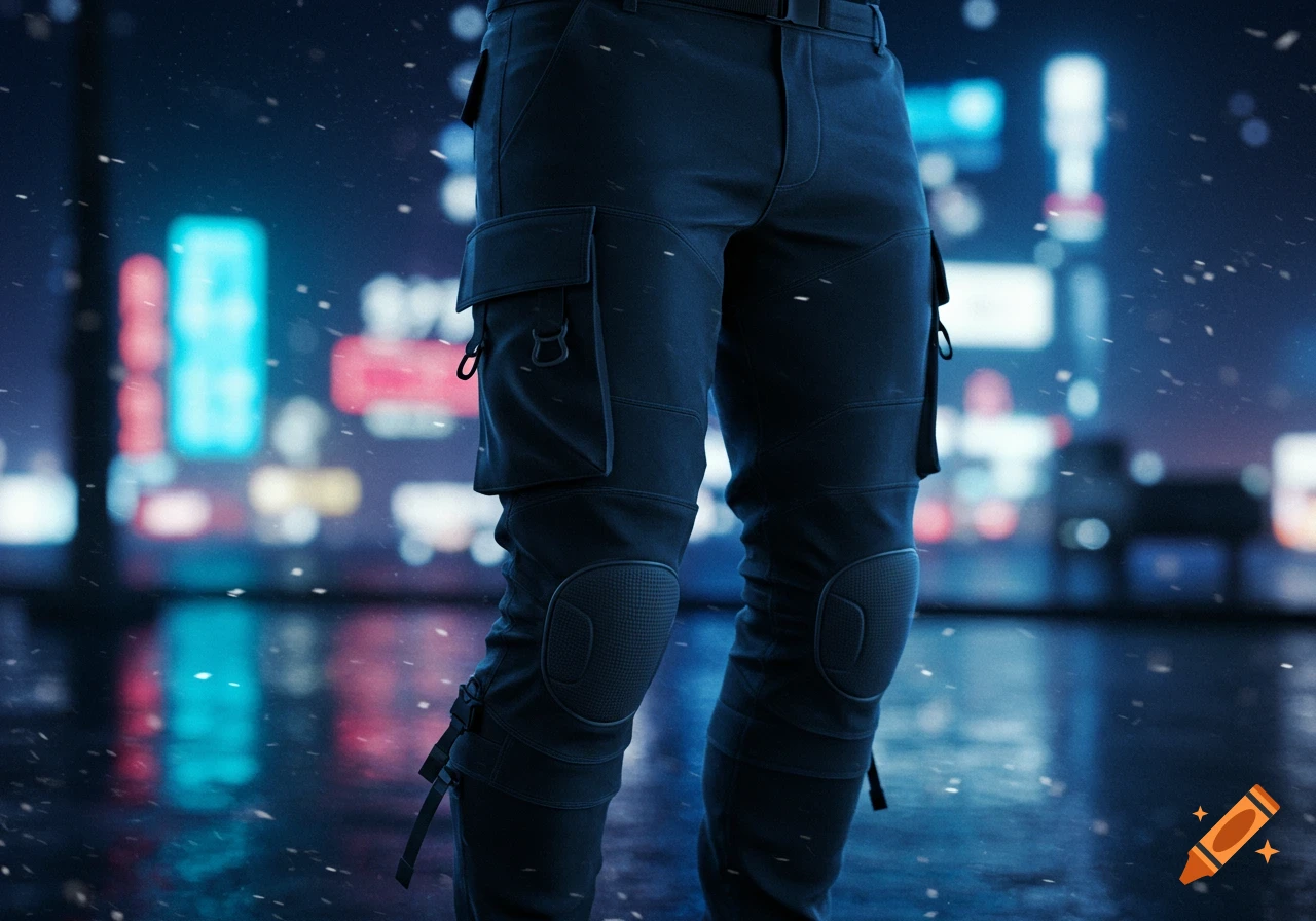 Close-up of techwear cargo pants with knee pads in a rainy, neon-lit cyberpunk city at night.