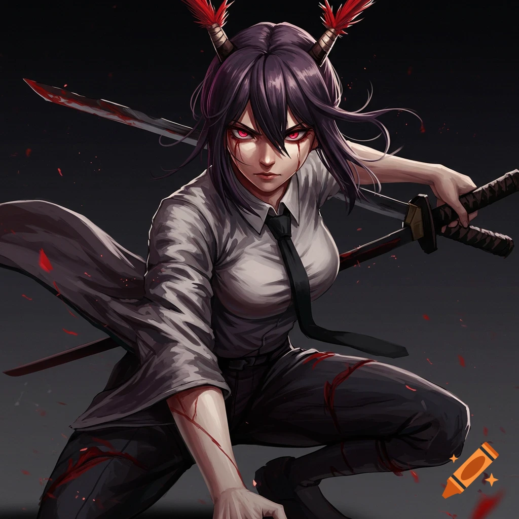 Anime-style Yoru from Chainsaw Man, with dark hair and red eyes, crouching with two bloody katanas, wearing a white shirt and black tie.