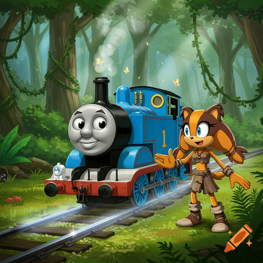 Thomas the Tank Engine and Sticks the Badger stand on train tracks in a vibrant cartoon jungle.