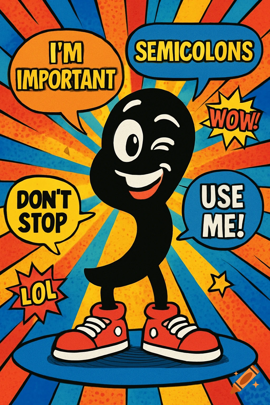 A winking cartoon semicolon character in red shoes surrounded by speech bubbles reading 'SEMICOLONS', 'I'M IMPORTANT', and 'USE ME!', against a vibrant pop art sunburst background.