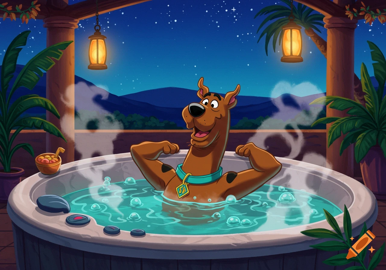Cartoon Scooby-Doo flexes in a steaming hot tub at night, surrounded by plants and lanterns, with mountains in the background.