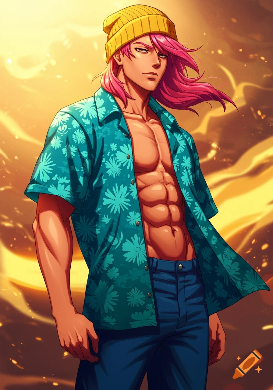 Muscular anime man with pink hair and yellow beanie, wearing an open teal floral shirt and blue jeans, against a glowing golden background.