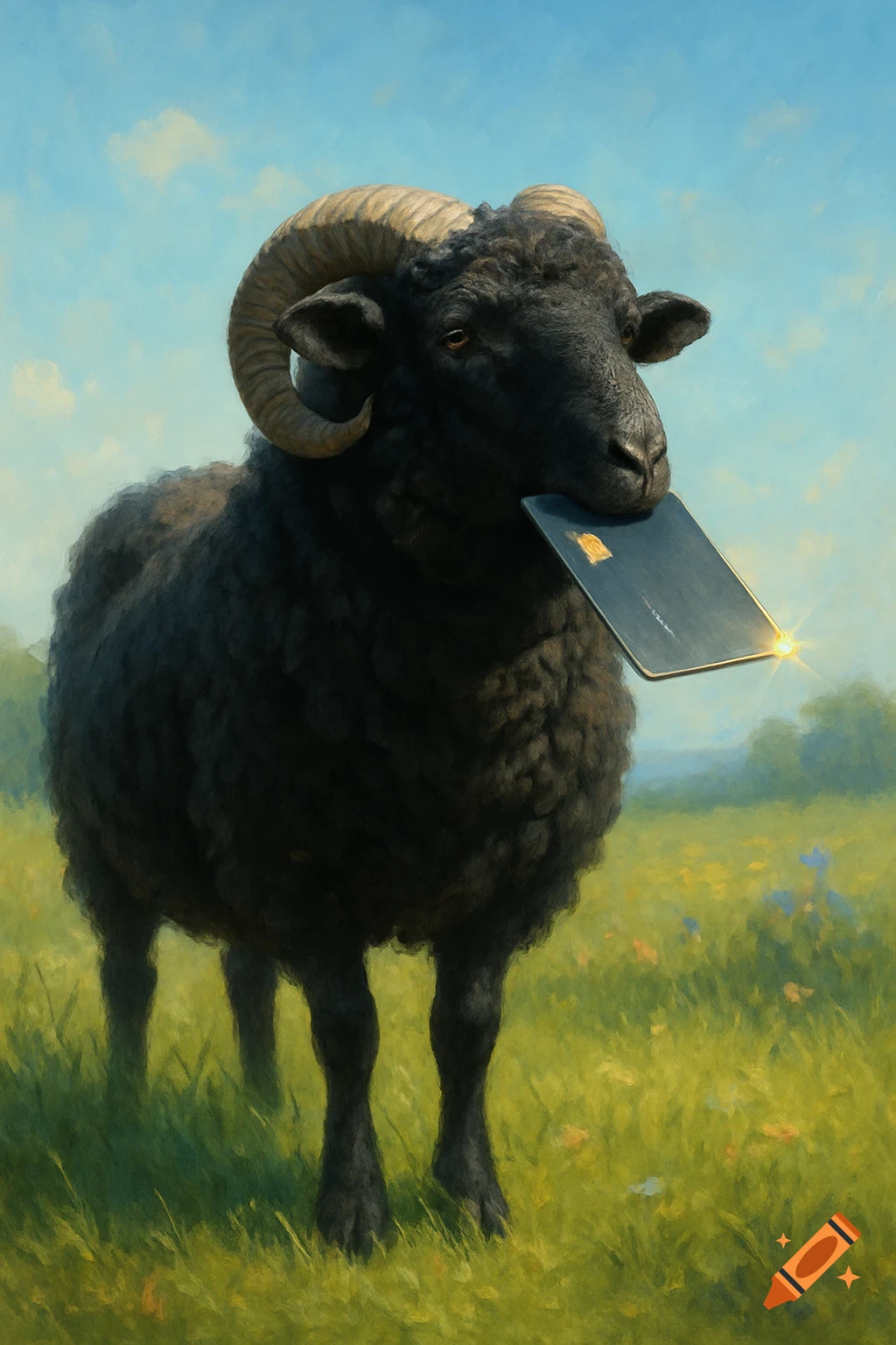 A black ram with curled horns stands in a green field, holding a dark credit card in its mouth. Painterly style.
