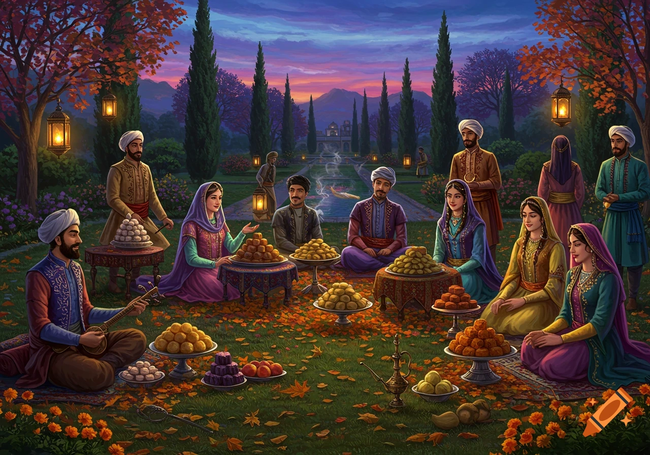 A vibrant illustration of men and women in traditional attire celebrating a festival in a lush, autumn garden at dusk, surrounded by sweets and glowing lanterns.