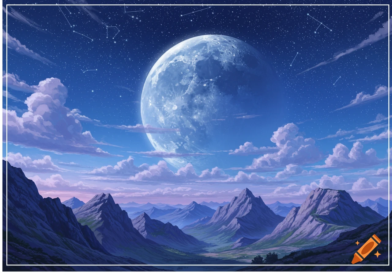 Anime-style landscape featuring mountains, a large full moon, and constellations in a starry night sky.