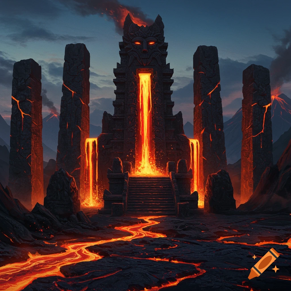 A dark stone temple with a monster face pours lava into a river of lava, flanked by lava-cracked pillars and volcanoes under a twilight sky.