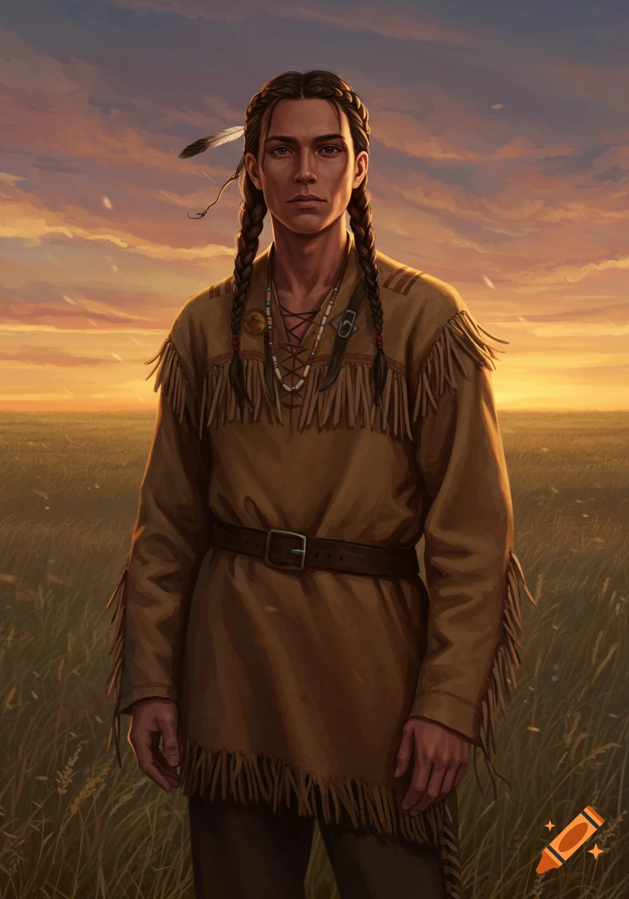 A young man with braided hair, wearing a fringed tunic, stands in a golden prairie field at sunset.